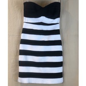 Black and white strapless bandage dress